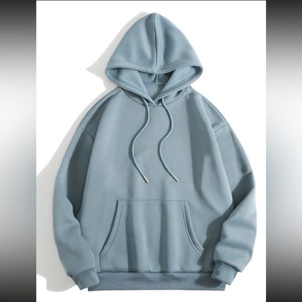 Solid Drawstring Pocket Front Hooded Sweatshirt.
